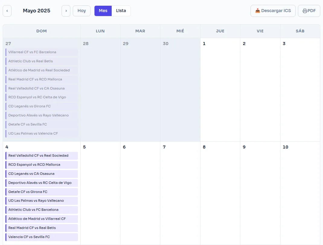 Monthly calendar view of a league with each round's matches and buttons to download ICS and PDF
