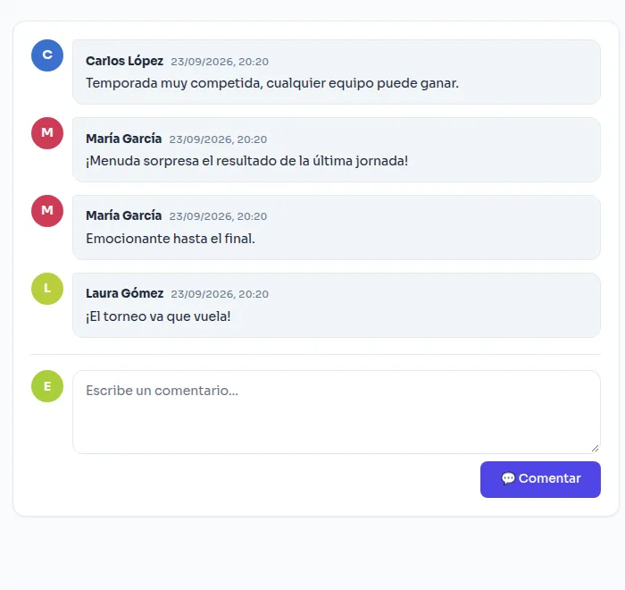 Comments tab of a competition with several messages and the box to write a new one