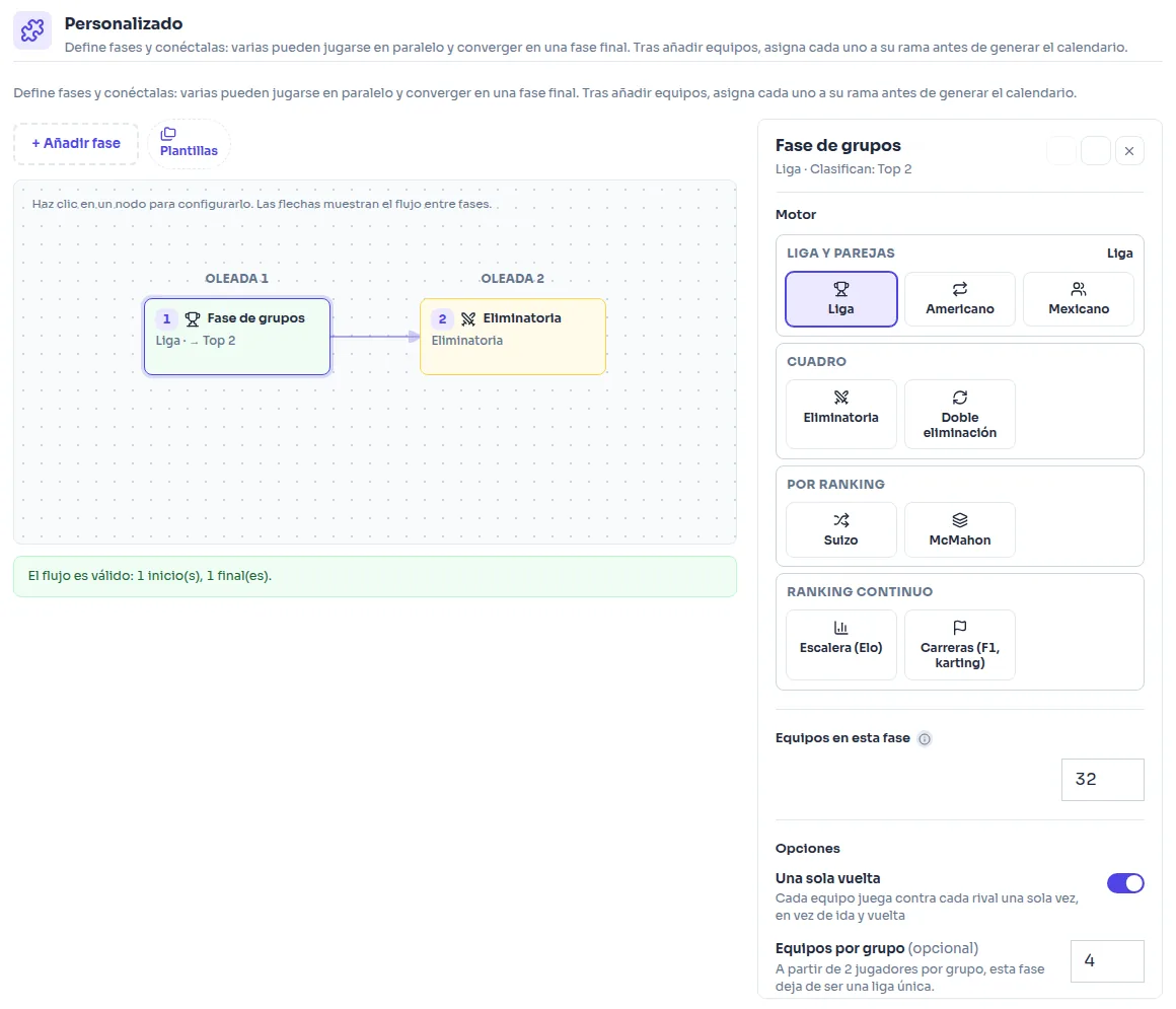 Advanced phase builder with a group stage connected to a knockout and the engine settings panel