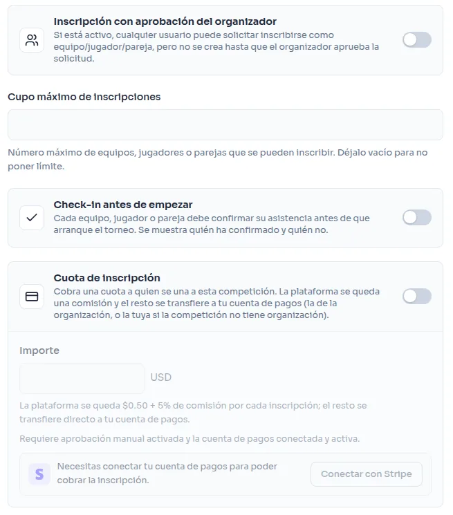 Registration settings: organizer approval, entry cap, check-in and entry fee with a prompt to connect Stripe
