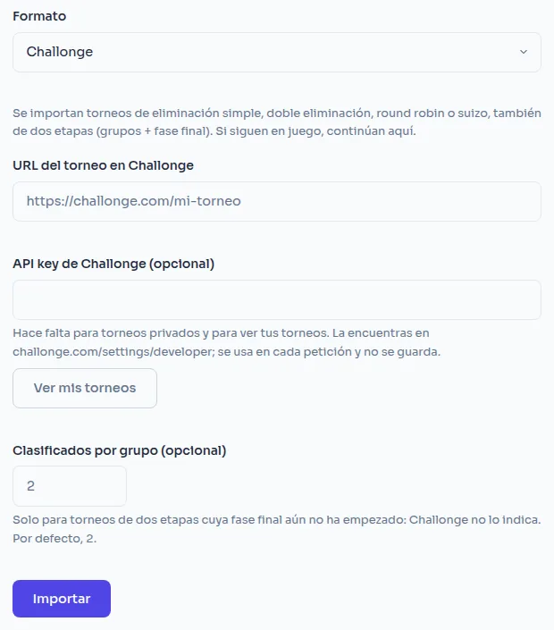 Import form with Challonge selected: tournament URL, optional API key and qualifiers per group