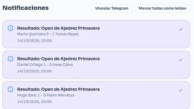 Notifications page with result alerts from a chess tournament