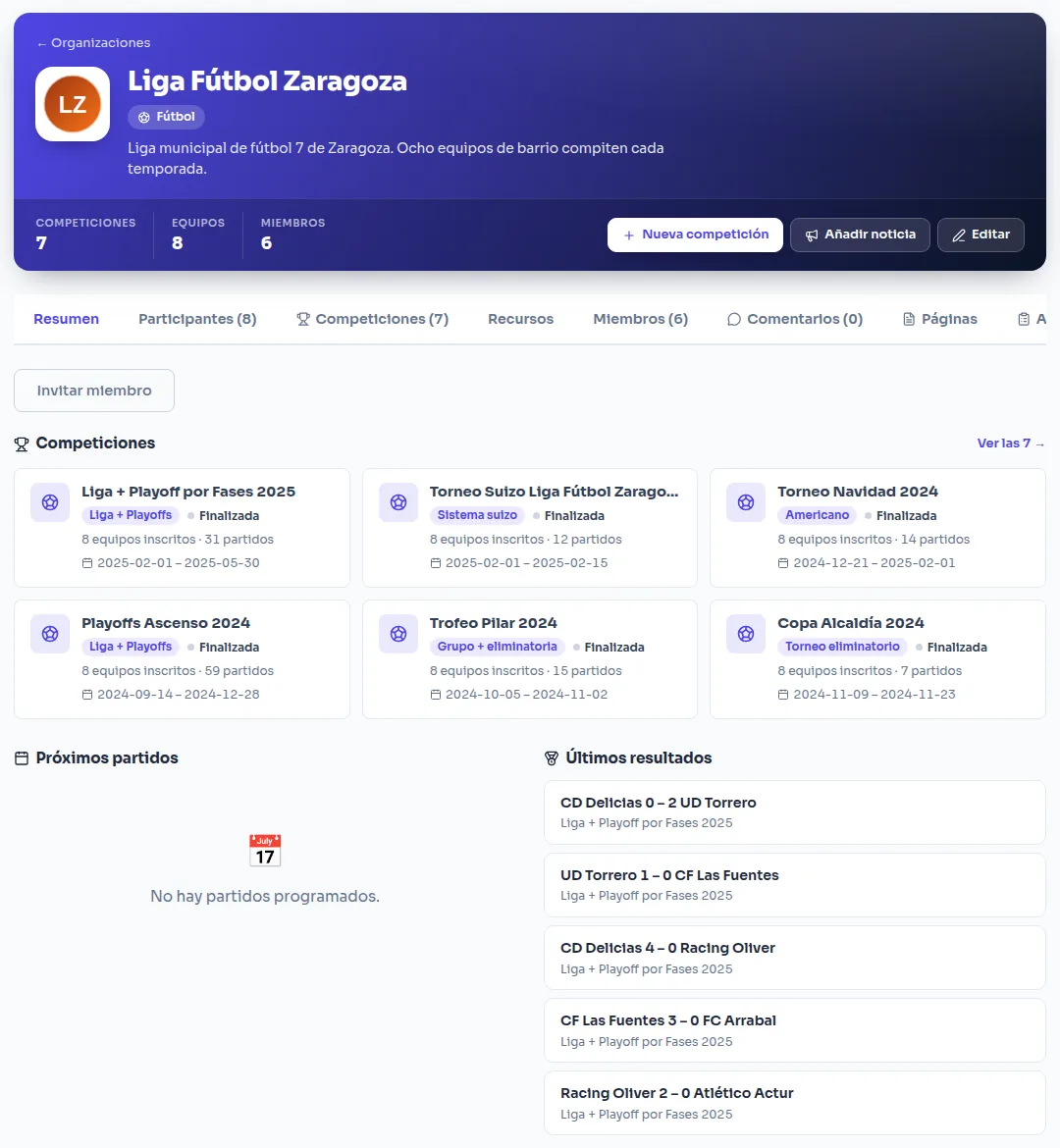 Organization page with its competitions, upcoming matches and latest results