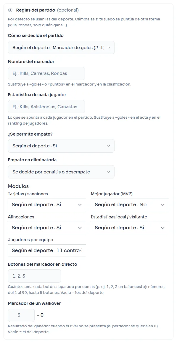 Match rules section of the competition form, with score type, draws, modules and walkover score