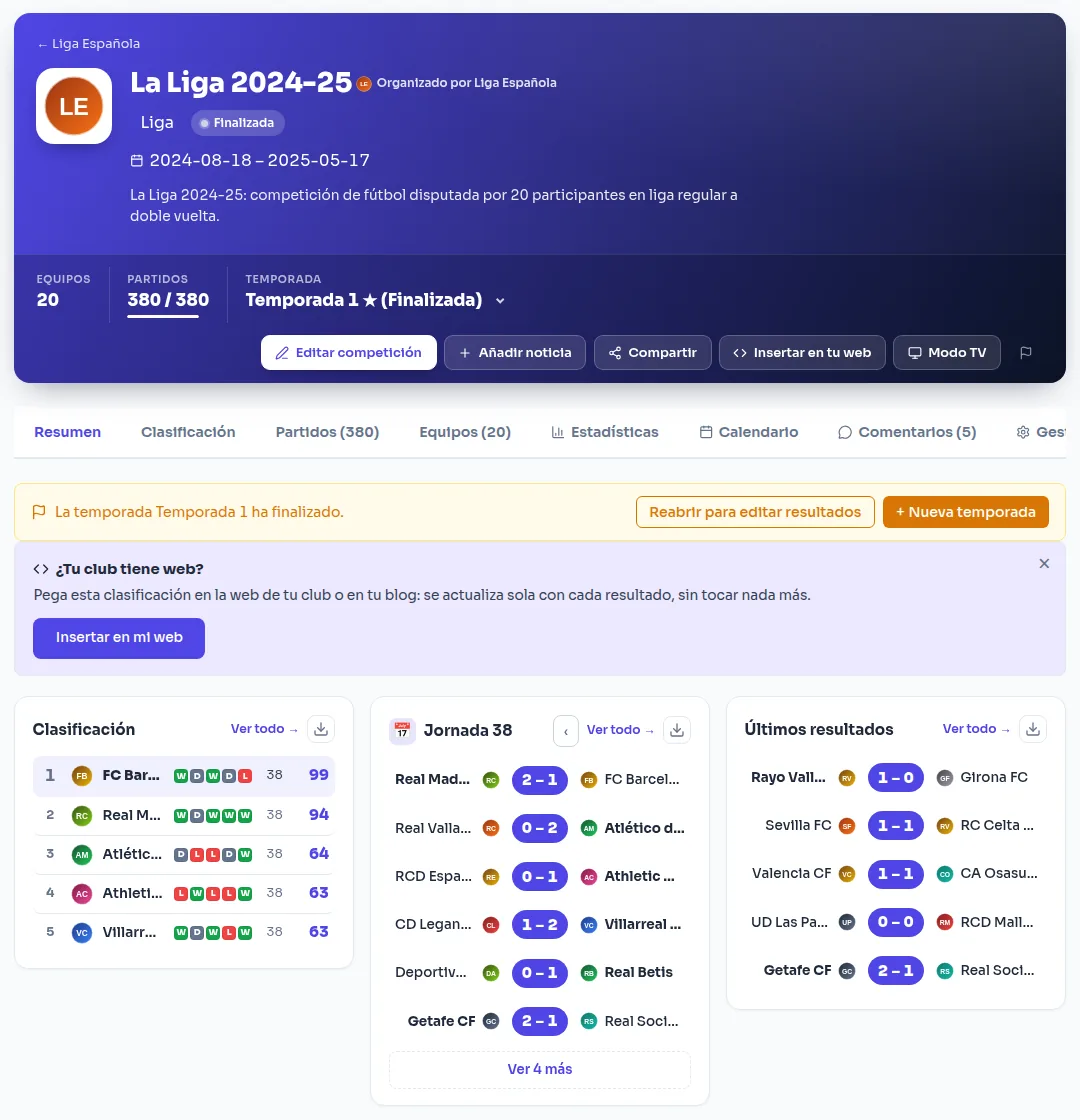 Competition page for a league with its header, tabs, standings, current round, latest results and top scorers